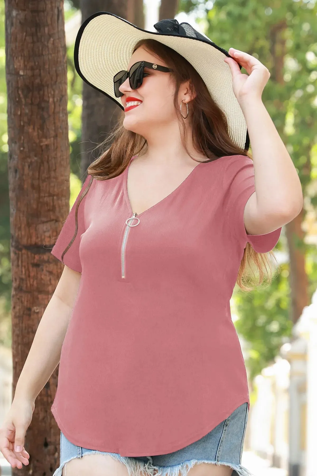 Plain Quarter Zip Up V Neck Short Sleeves Shirt
