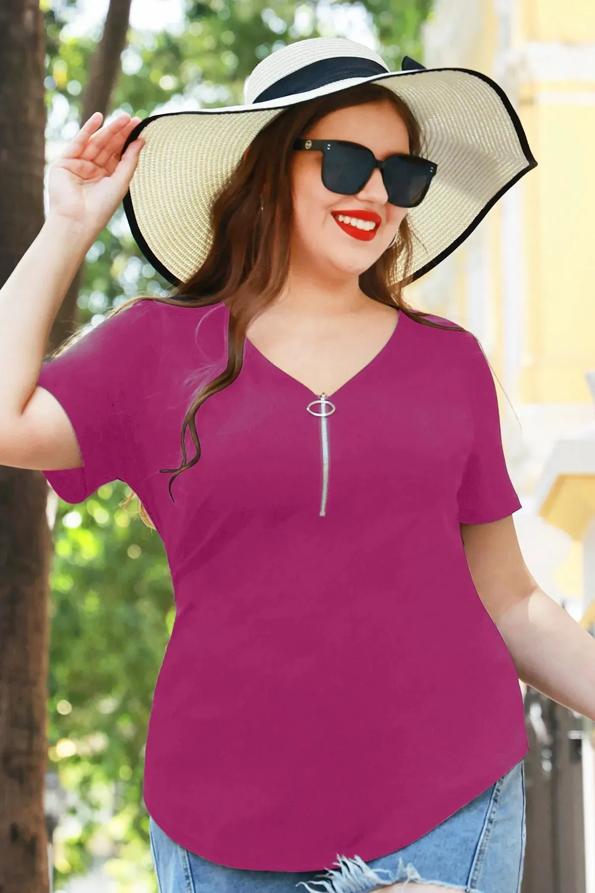 Plain Quarter Zip Up V Neck Short Sleeves Shirt