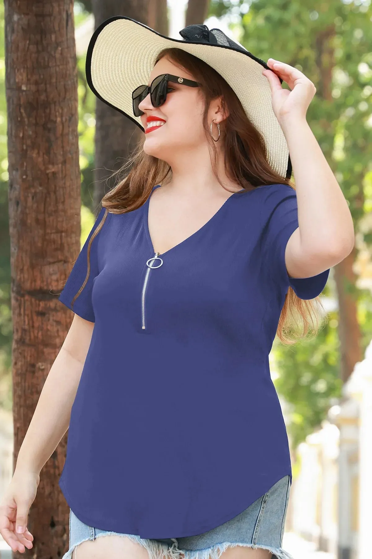 Plain Quarter Zip Up V Neck Short Sleeves Shirt