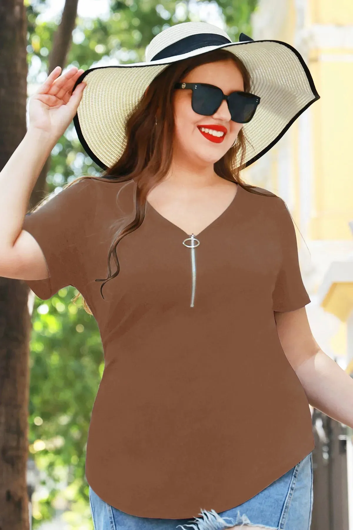 Plain Quarter Zip Up V Neck Short Sleeves Shirt