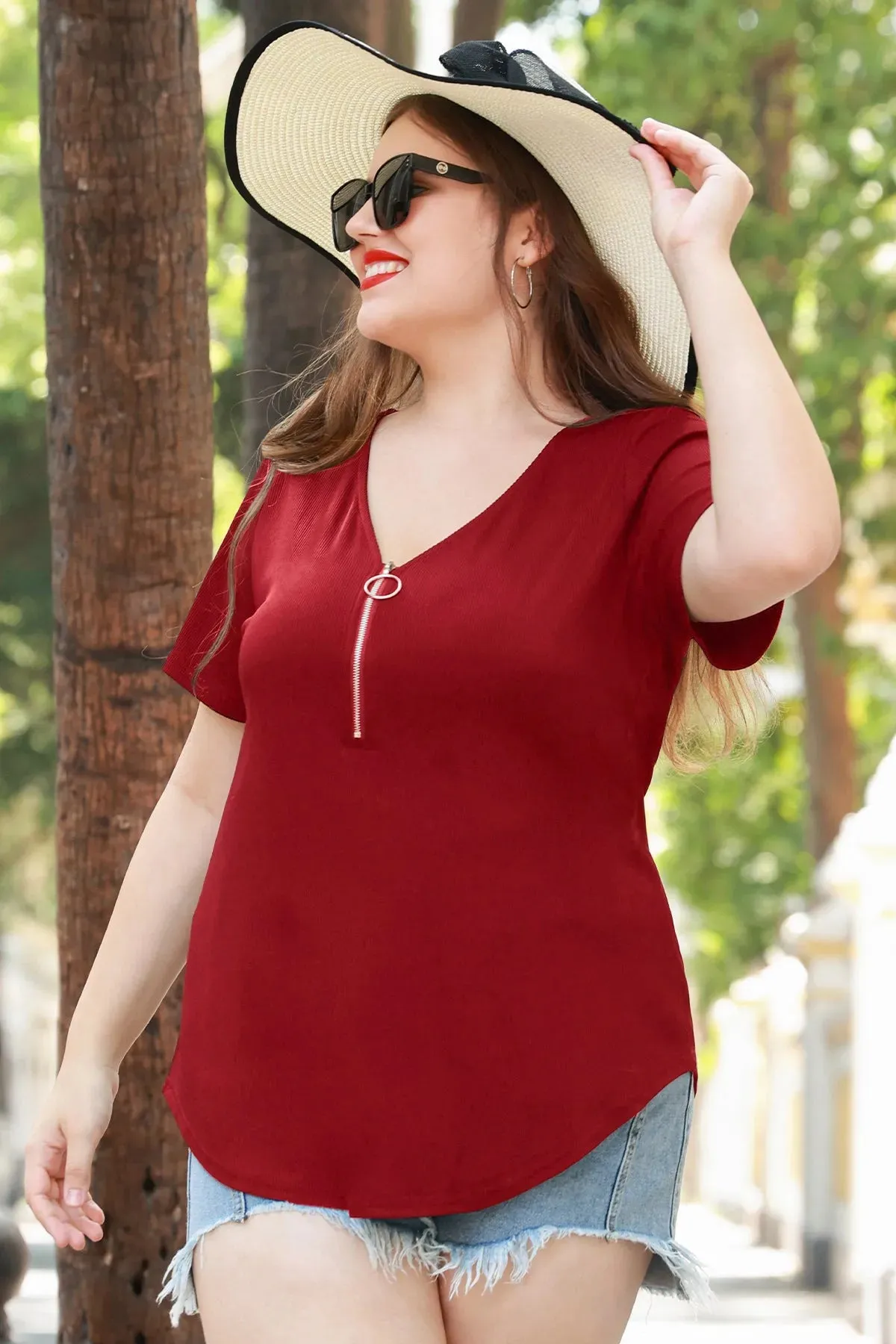 Plain Quarter Zip Up V Neck Short Sleeves Shirt