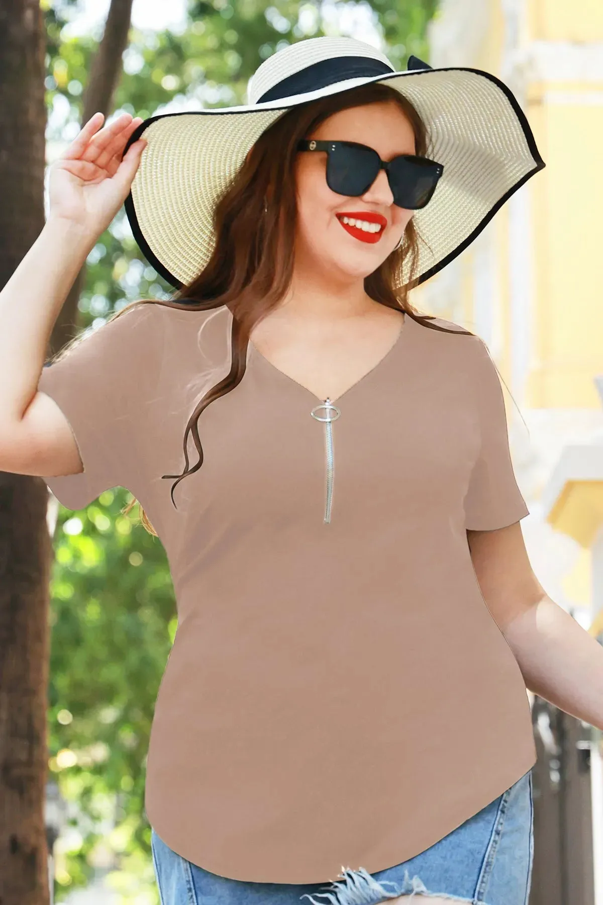 Plain Quarter Zip Up V Neck Short Sleeves Shirt
