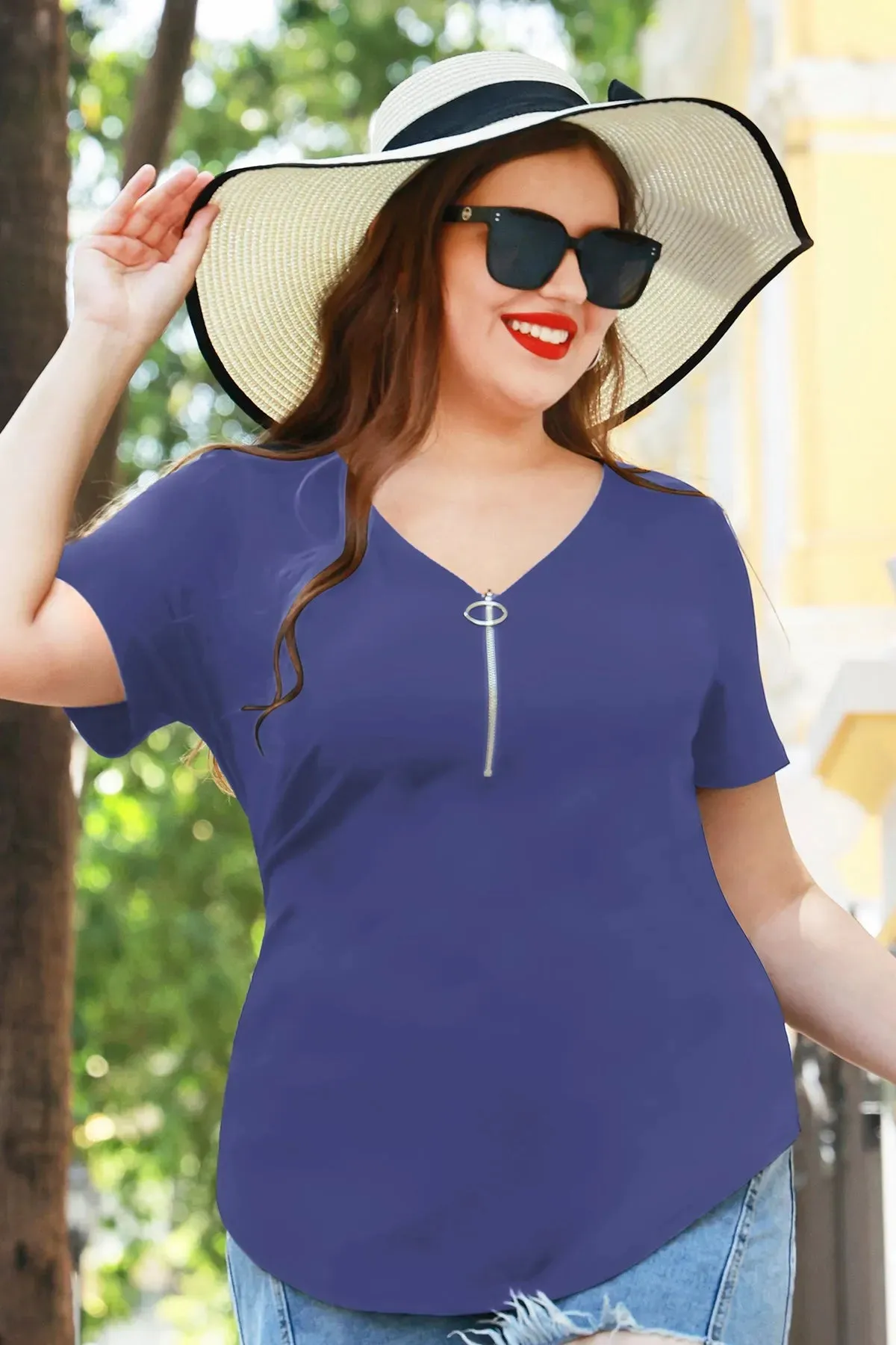 Plain Quarter Zip Up V Neck Short Sleeves Shirt