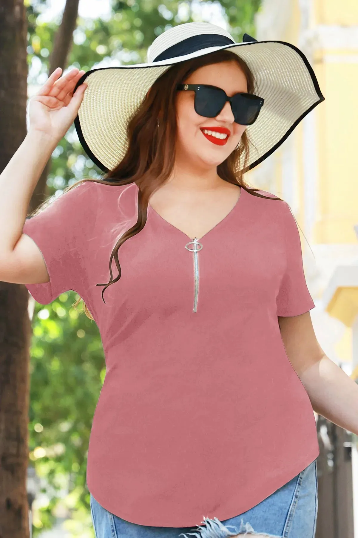 Plain Quarter Zip Up V Neck Short Sleeves Shirt