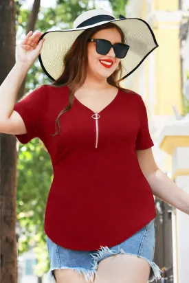 Plain Quarter Zip Up V Neck Short Sleeves Shirt