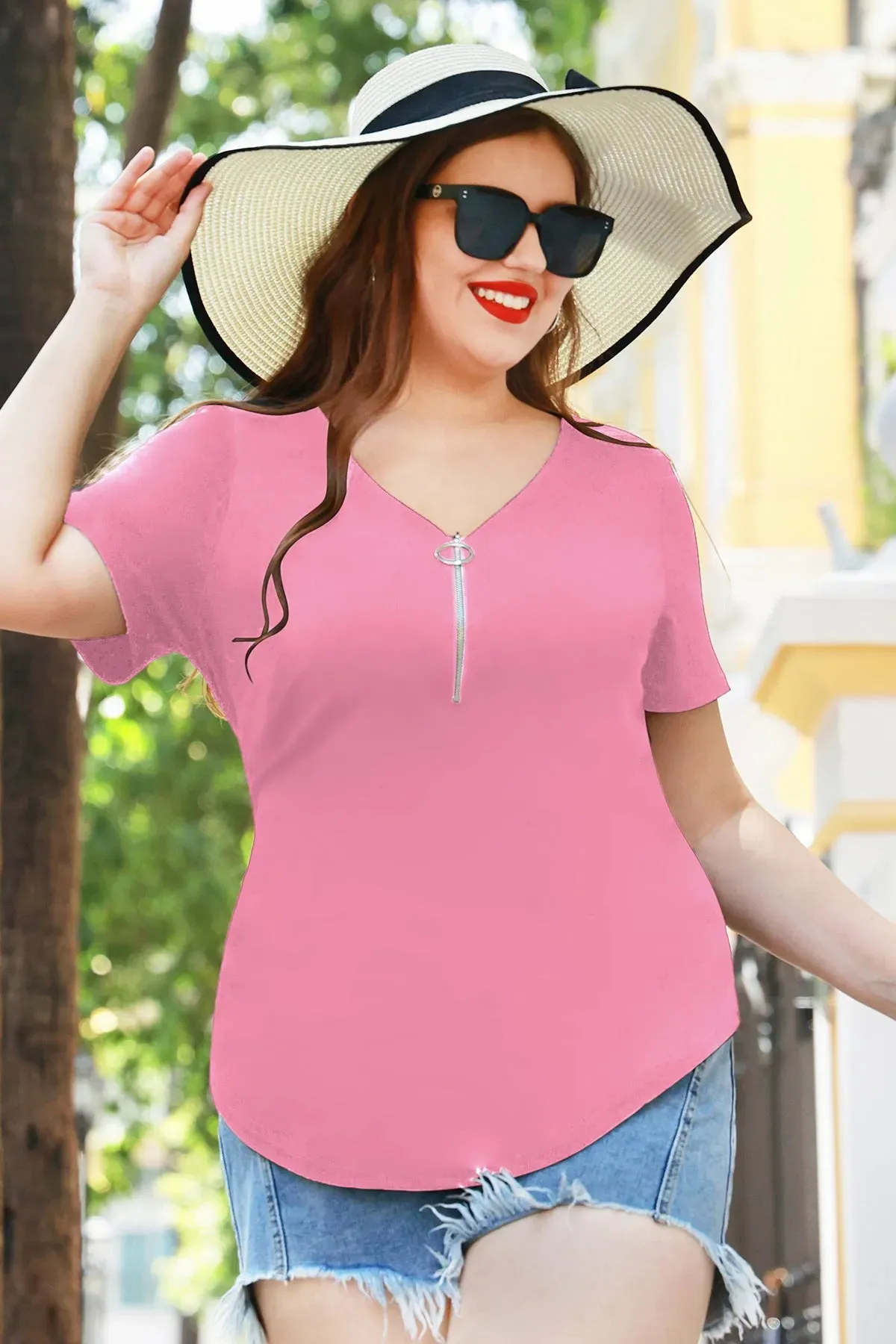 Plain Quarter Zip Up V Neck Short Sleeves Shirt