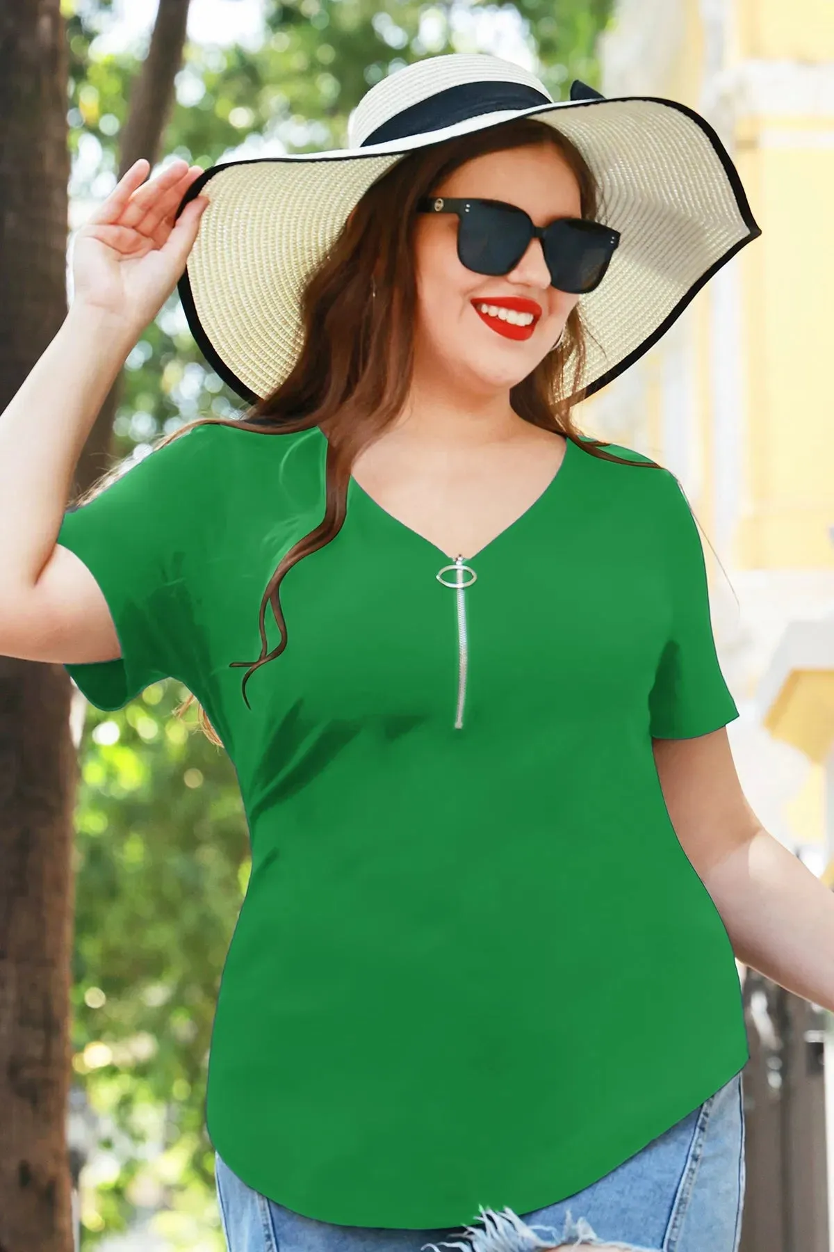 Plain Quarter Zip Up V Neck Short Sleeves Shirt