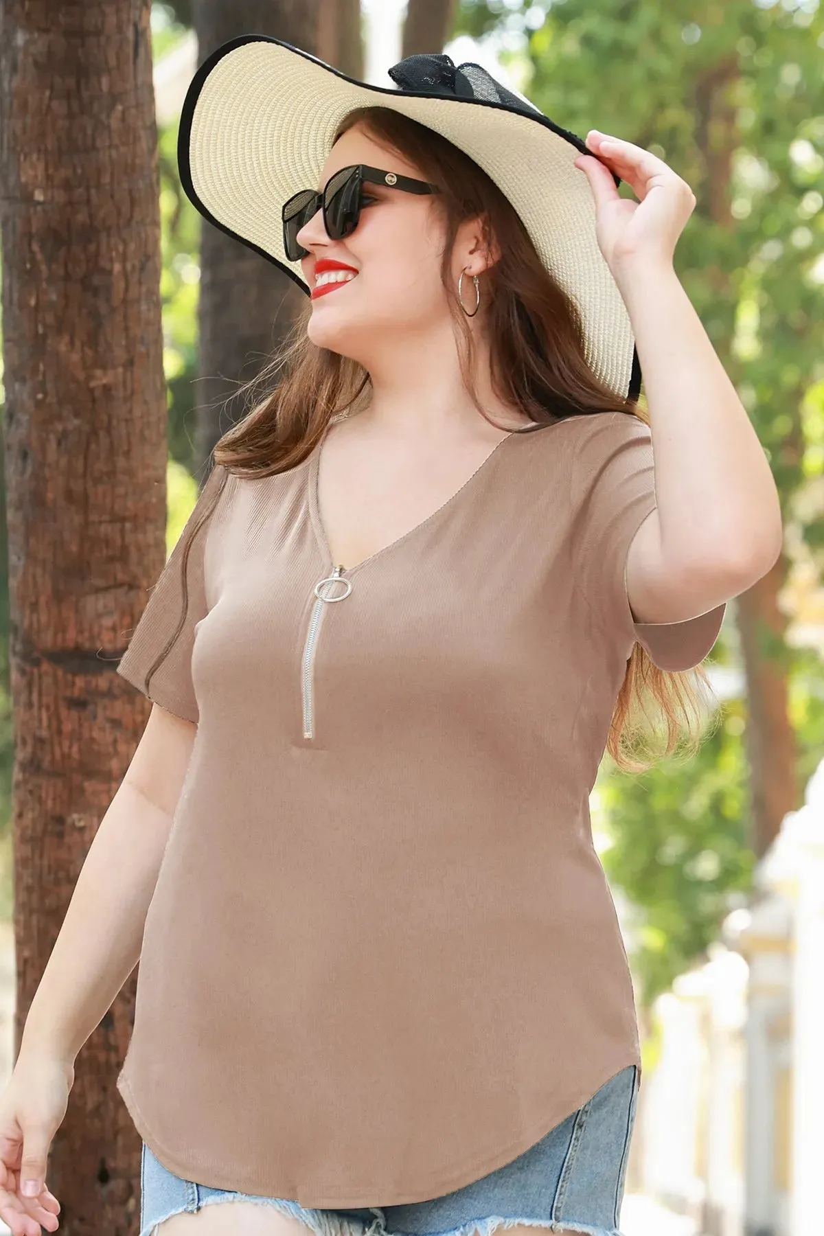 Plain Quarter Zip Up V Neck Short Sleeves Shirt