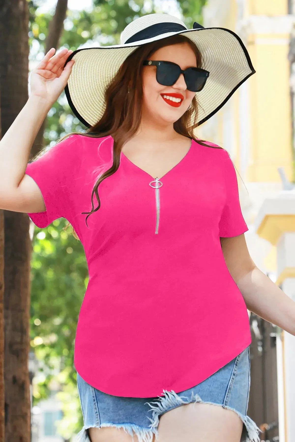 Plain Quarter Zip Up V Neck Short Sleeves Shirt