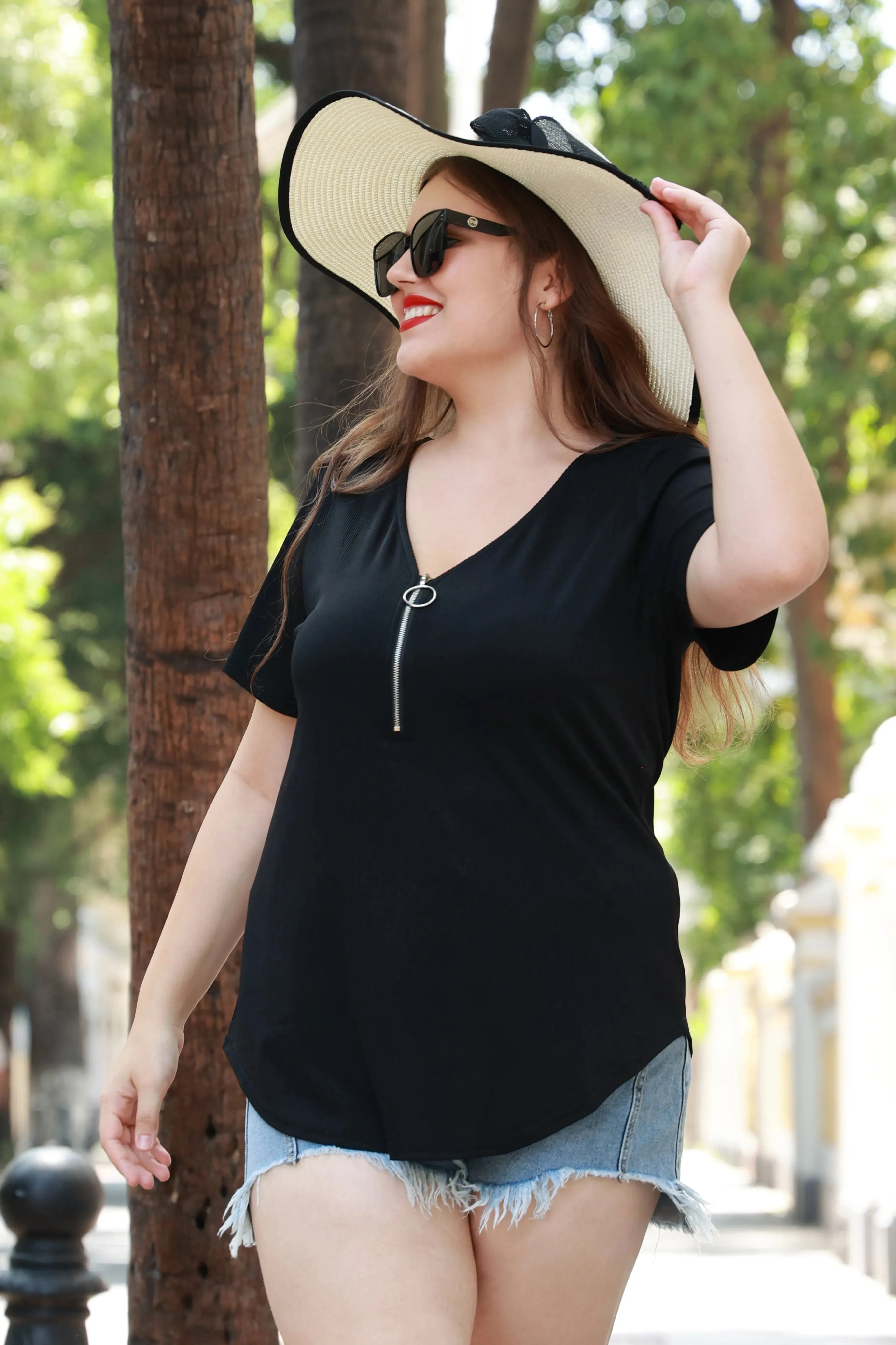 Plain Quarter Zip Up V Neck Short Sleeves Shirt