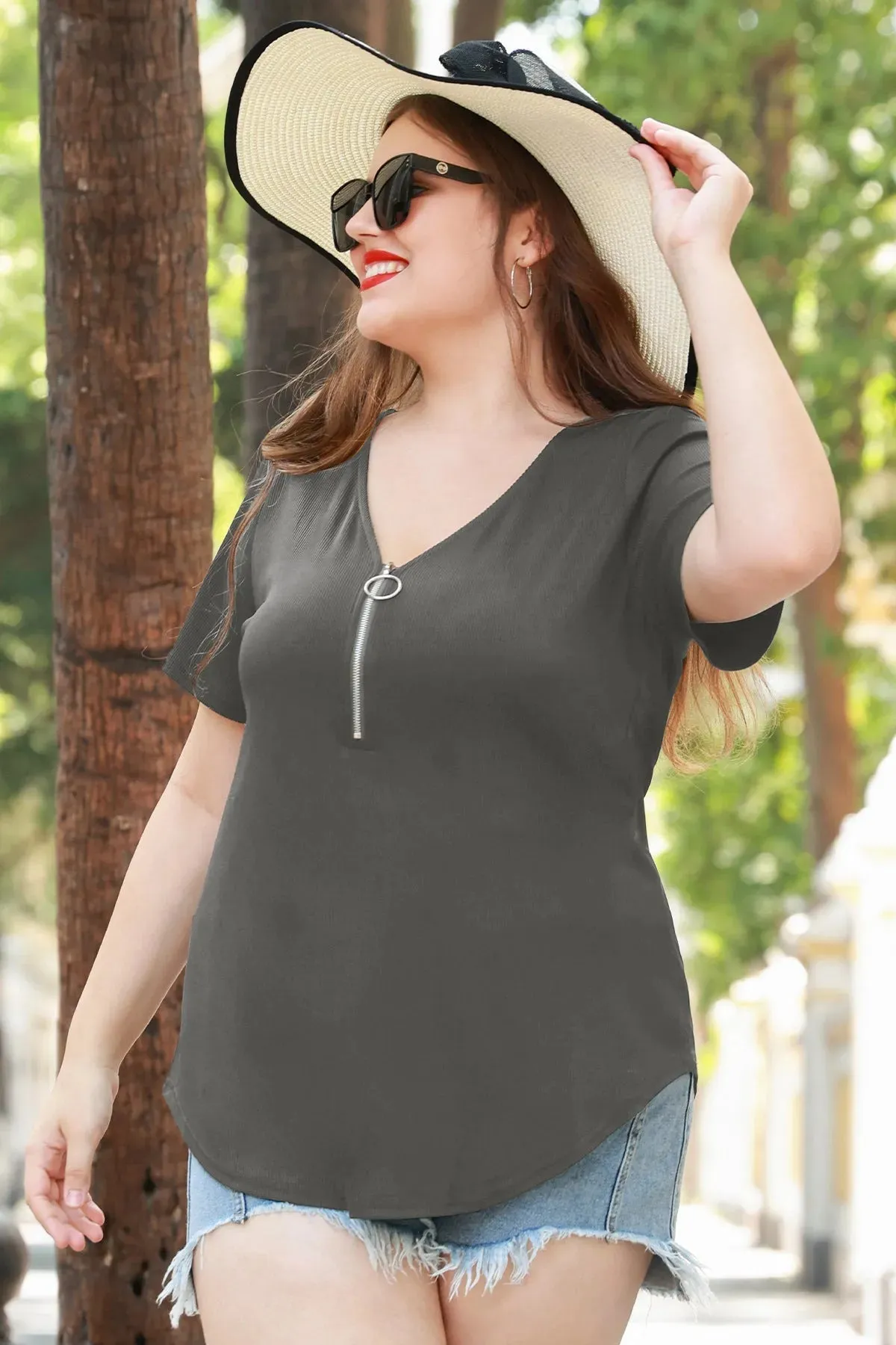 Plain Quarter Zip Up V Neck Short Sleeves Shirt