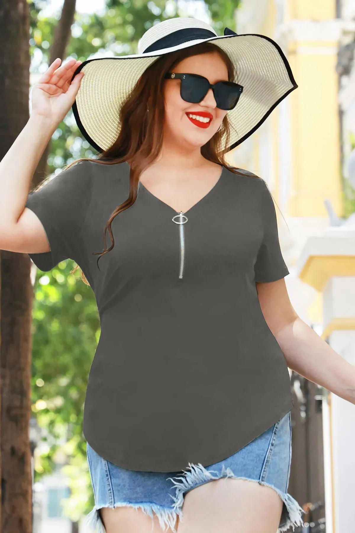 Plain Quarter Zip Up V Neck Short Sleeves Shirt
