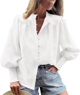 PRETTYGARDEN Womens Spring Long Sleeve Tops Dressy Casual Button Down Smocked Cuffed Office Business Work Blouses Shirts