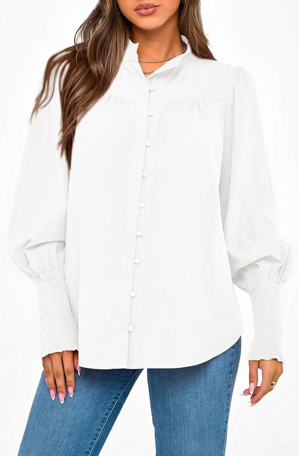 PRETTYGARDEN Womens Spring Long Sleeve Tops Dressy Casual Button Down Smocked Cuffed Office Business Work Blouses Shirts