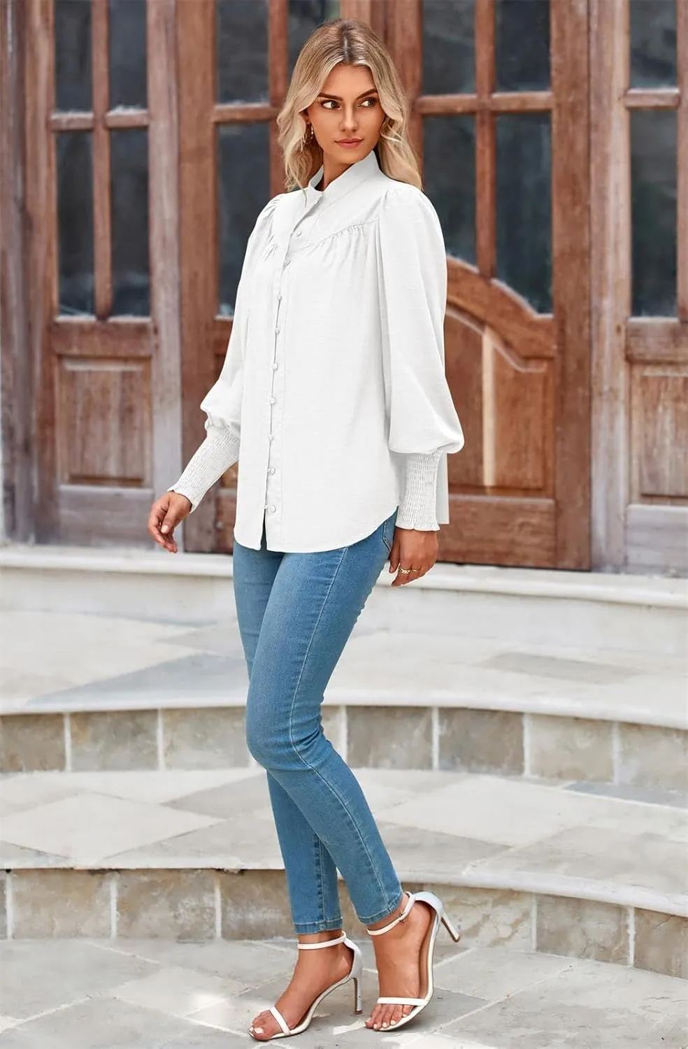 PRETTYGARDEN Womens Spring Long Sleeve Tops Dressy Casual Button Down Smocked Cuffed Office Business Work Blouses Shirts