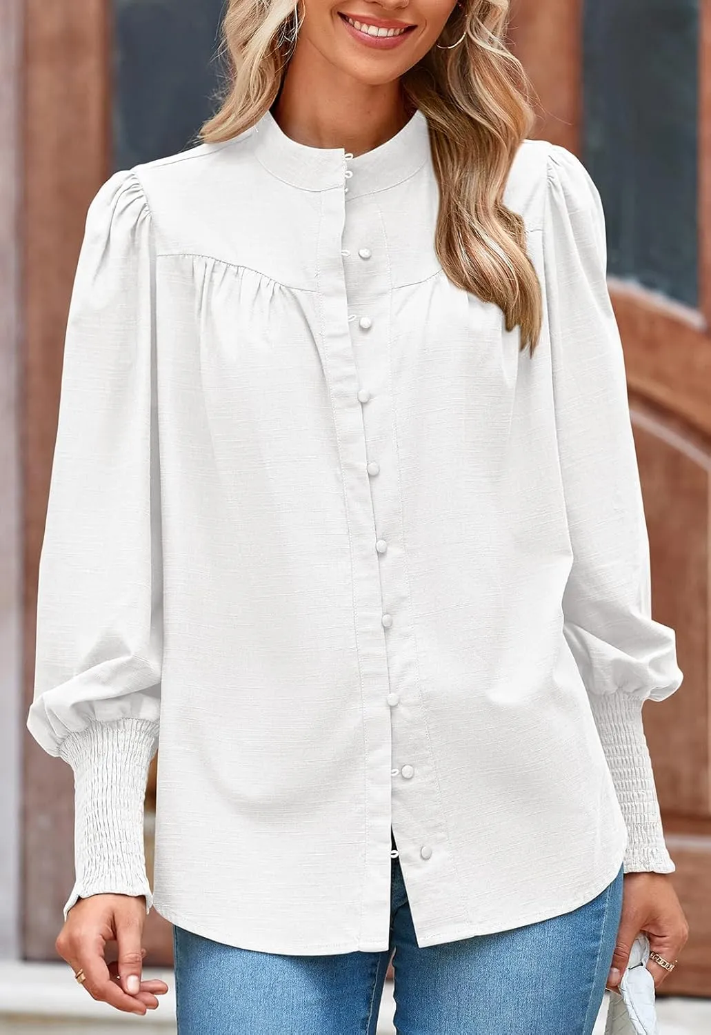 PRETTYGARDEN Womens Spring Long Sleeve Tops Dressy Casual Button Down Smocked Cuffed Office Business Work Blouses Shirts