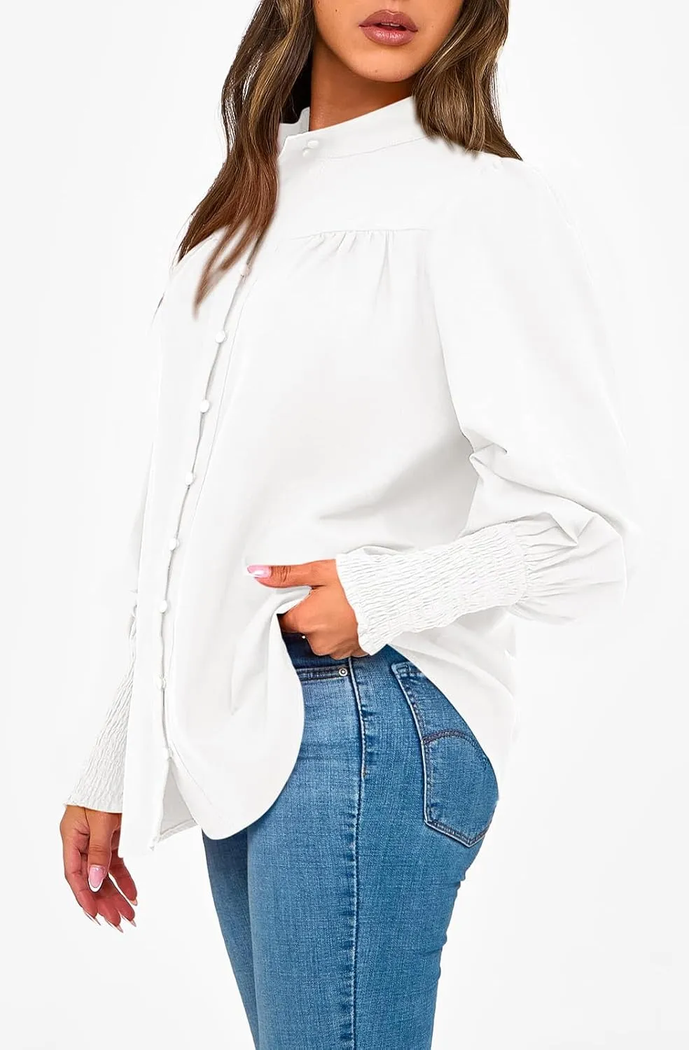 PRETTYGARDEN Womens Spring Long Sleeve Tops Dressy Casual Button Down Smocked Cuffed Office Business Work Blouses Shirts