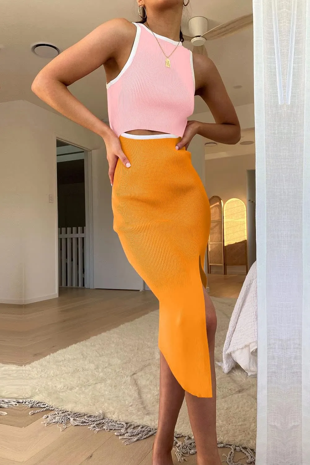 PRETTYGARDEN Women's Summer Midi Bodycon Dresses Casual Crew Neck Side Slit Sleeveless Knit Cut Out Tank Top Dress