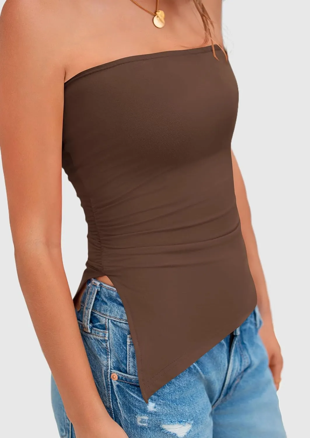 PRETTYGARDEN Womens Summer Tube Tops 2025 Trendy Strapless Ruched Going Out Tops Outfits Asymmetrical Bandeau Shirts