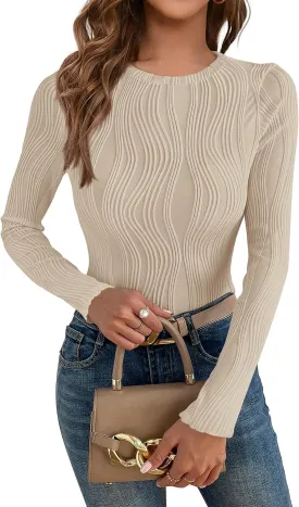 PRETTYGARDEN Women's Tops 2025 Spring Fashion Long Sleeve Crewneck Blouses Slim Fit Shirts Textured Knit Basic T Shirts