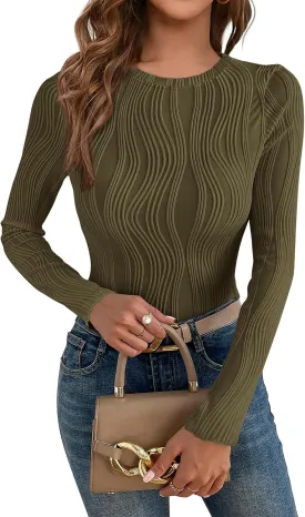 PRETTYGARDEN Women's Tops 2025 Spring Fashion Long Sleeve Crewneck Blouses Slim Fit Shirts Textured Knit Basic T Shirts
