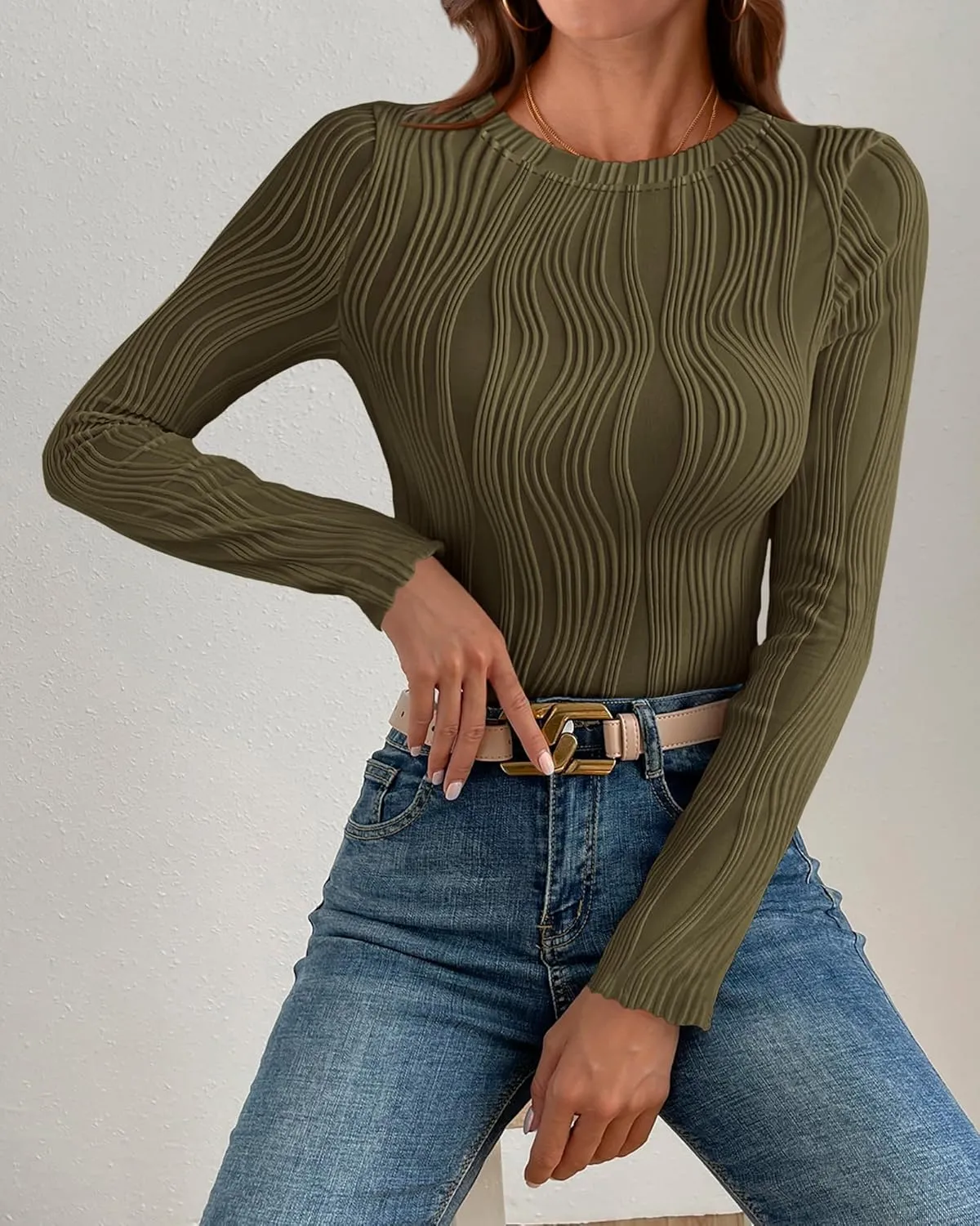 PRETTYGARDEN Women's Tops 2025 Spring Fashion Long Sleeve Crewneck Blouses Slim Fit Shirts Textured Knit Basic T Shirts