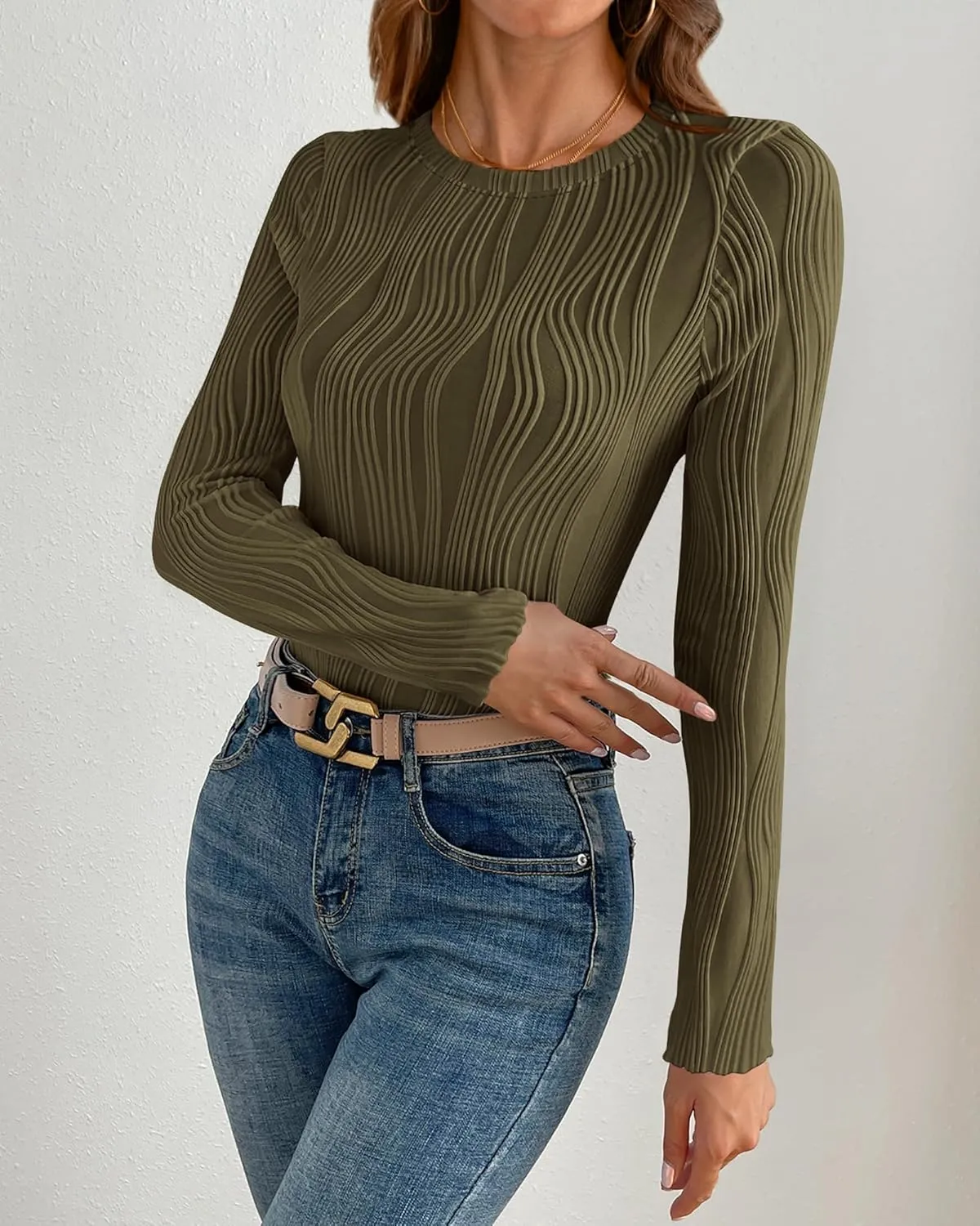 PRETTYGARDEN Women's Tops 2025 Spring Fashion Long Sleeve Crewneck Blouses Slim Fit Shirts Textured Knit Basic T Shirts