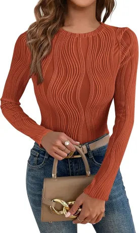 PRETTYGARDEN Women's Tops 2025 Spring Fashion Long Sleeve Crewneck Blouses Slim Fit Shirts Textured Knit Basic T Shirts