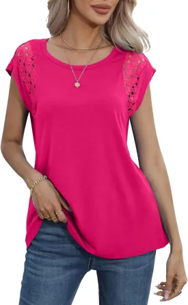 QUEZHU Cap Sleeve Tops for Women Casual Summer Trendy Basic Tee Shirts Solid Color Loose Fit T-Shirts