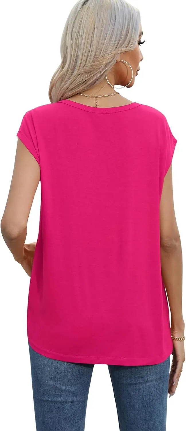 QUEZHU Cap Sleeve Tops for Women Casual Summer Trendy Basic Tee Shirts Solid Color Loose Fit T-Shirts