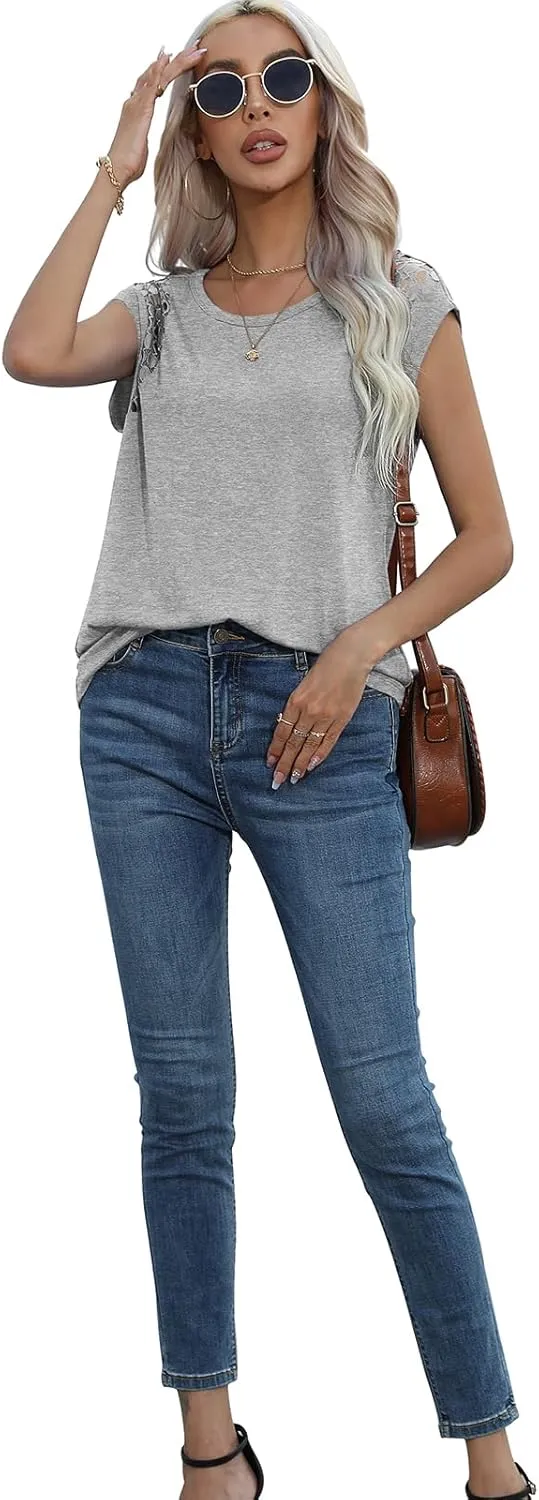 QUEZHU Cap Sleeve Tops for Women Casual Summer Trendy Basic Tee Shirts Solid Color Loose Fit T-Shirts