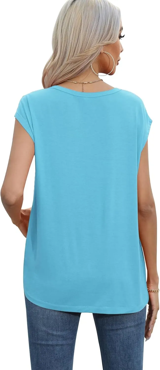 QUEZHU Cap Sleeve Tops for Women Casual Summer Trendy Basic Tee Shirts Solid Color Loose Fit T-Shirts