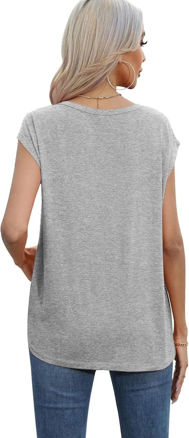 QUEZHU Cap Sleeve Tops for Women Casual Summer Trendy Basic Tee Shirts Solid Color Loose Fit T-Shirts