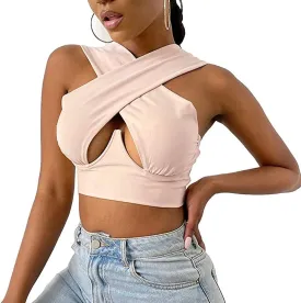 Sexy Women's Cut Out Crisscross Wrap Crop Top Halter Solid Vest Cami Tank Tops