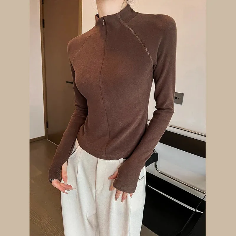 Slim Chic Zipper White Women's T-shirts Fashion Basic Office Ladies Solid Color Simple High Collar Female T-shirts