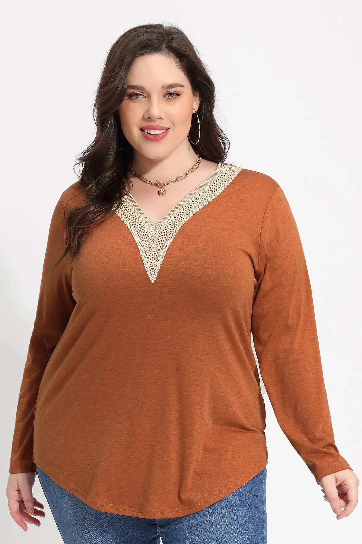 Solid Sexy Lace V-neck Long Sleeve T-Shirt