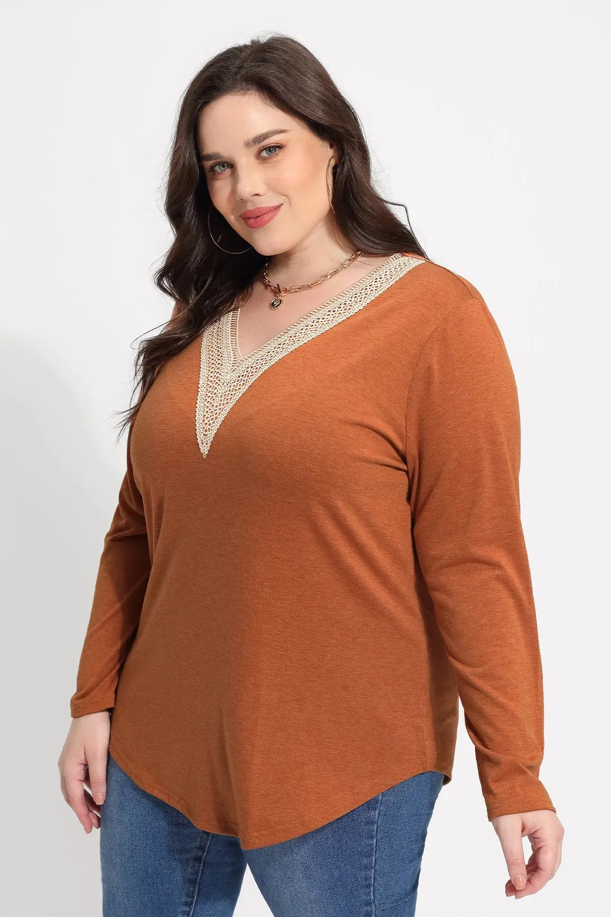 Solid Sexy Lace V-neck Long Sleeve T-Shirt