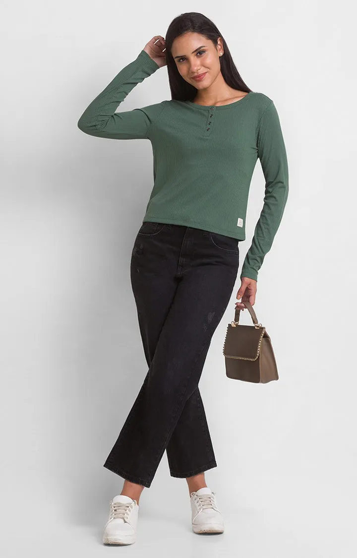 Spykar Dusty Green Cotton Blend Full Sleeve Plain Casual T-Shirts For Women