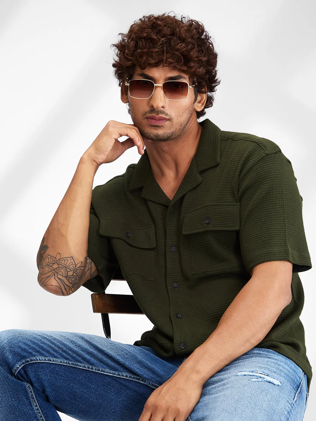 Spykar Green Half Sleeves Cotton Relaxed Fit Solid Shirt For Men