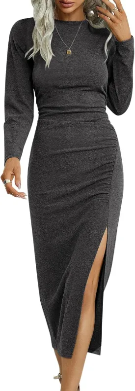 TEMOFON Women's Long Sleeve Dresses: Casual Bodycon Dress Crew Neck Ruched Midi Dress with Slit S-XL