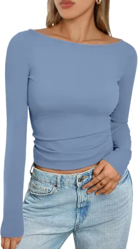 Trendy Queen Women's Boat Neck Tops Long Sleeve Shirts Casual Fitted Tee Shirts Solid Color Fall Basic Clothes