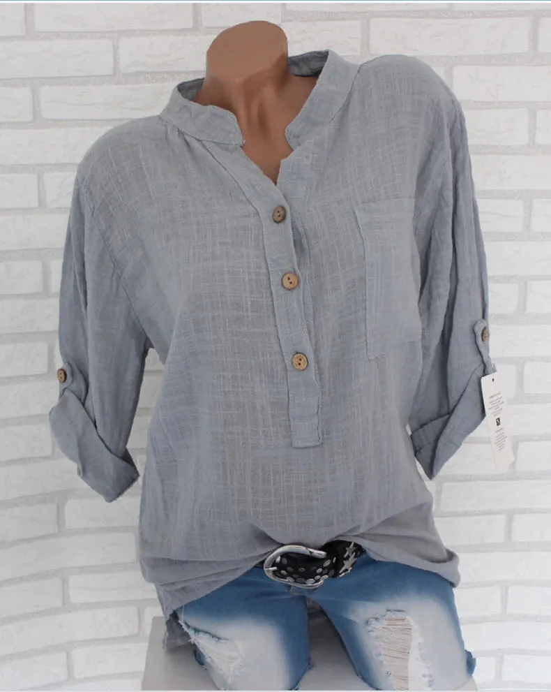 Uniwim Oversized Women Blouses Cotton Linen Blouse Autumn Shirts Casual Long Sleeve Button V Neck Loose Shirt Lady Tops Plus Size S-5XL