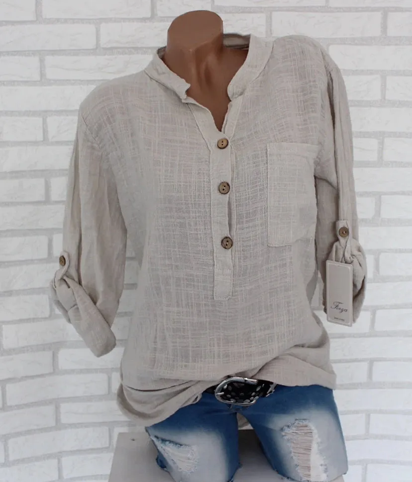 Uniwim Oversized Women Blouses Cotton Linen Blouse Autumn Shirts Casual Long Sleeve Button V Neck Loose Shirt Lady Tops Plus Size S-5XL