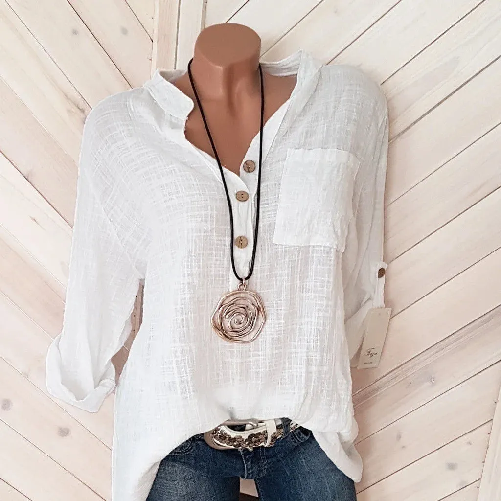 Uniwim Oversized Women Blouses Cotton Linen Blouse Autumn Shirts Casual Long Sleeve Button V Neck Loose Shirt Lady Tops Plus Size S-5XL