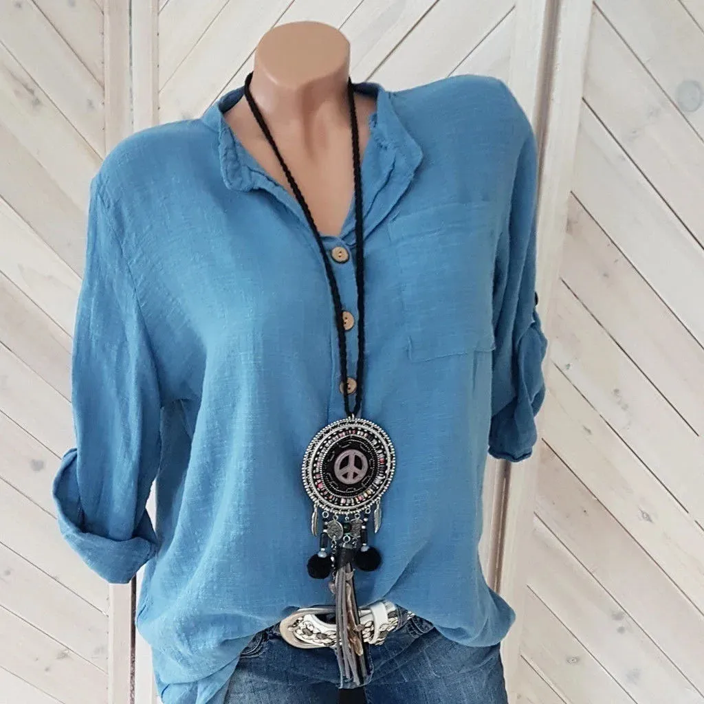 Uniwim Oversized Women Blouses Cotton Linen Blouse Autumn Shirts Casual Long Sleeve Button V Neck Loose Shirt Lady Tops Plus Size S-5XL