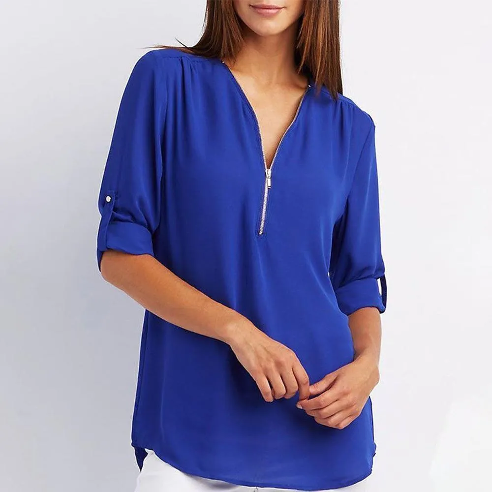 V-Neck Zippe Plain Blouses
