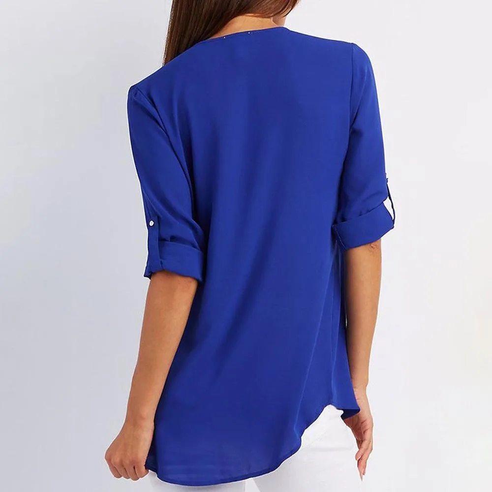 V-Neck Zippe Plain Blouses