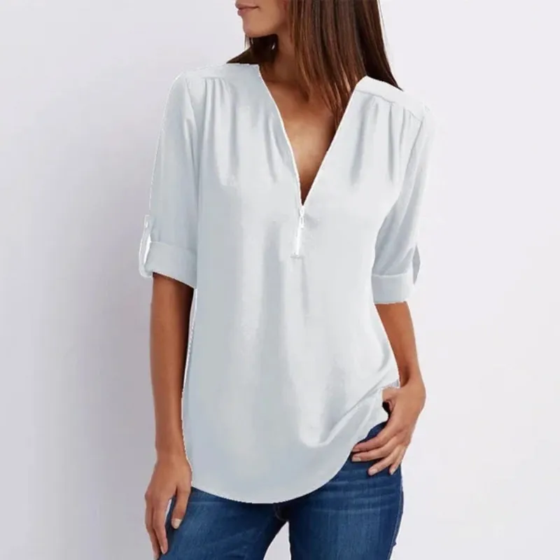 V-Neck Zippe Plain Blouses