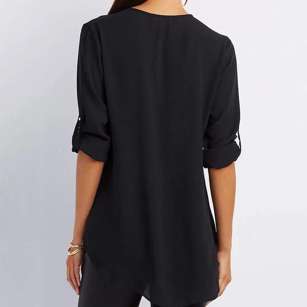 V-Neck Zippe Plain Blouses