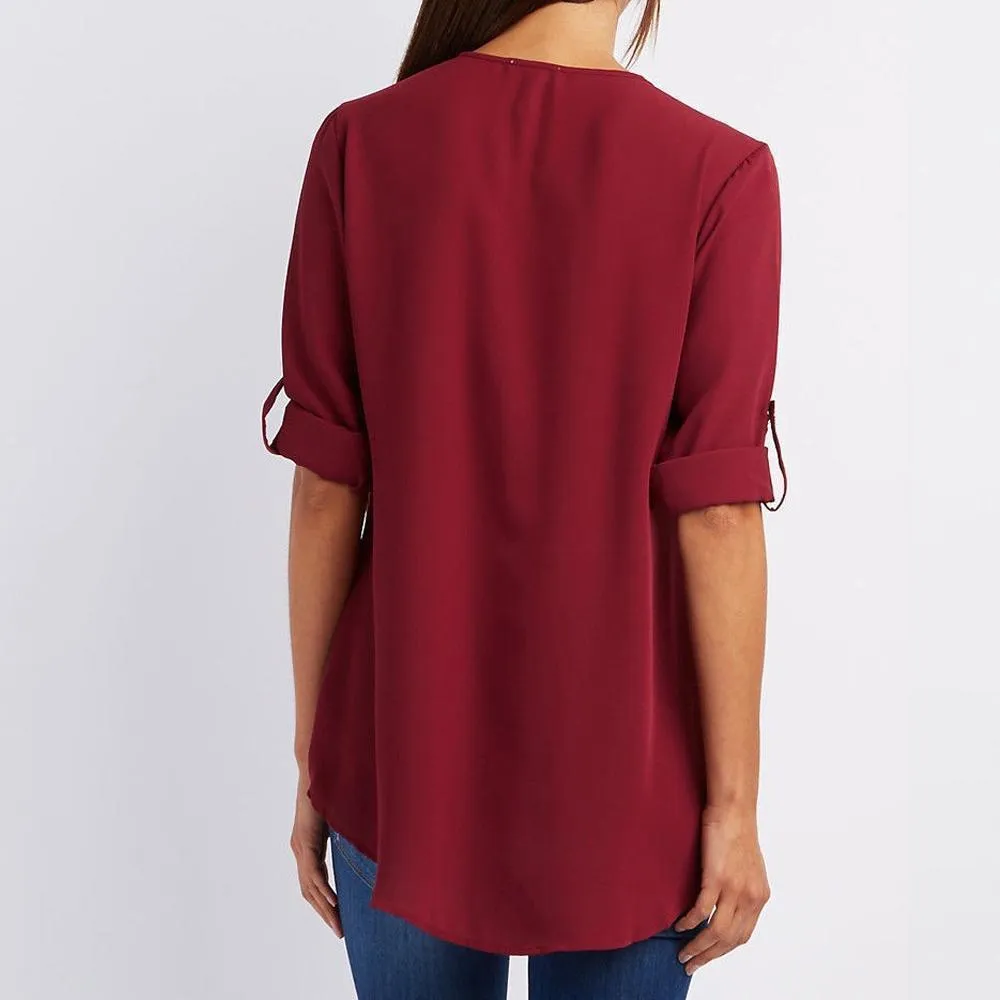 V-Neck Zippe Plain Blouses